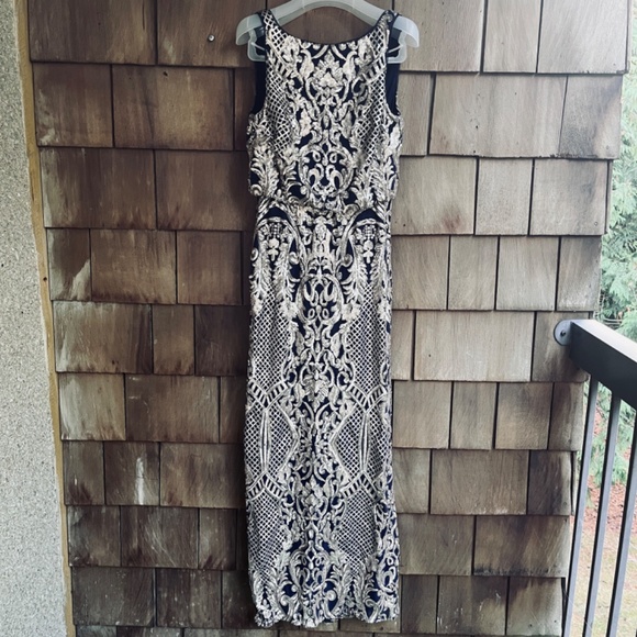 R&M Richards Womens Sequined Evening Navy Gold Maxi Gown Dress Size 6 - Picture 4 of 15